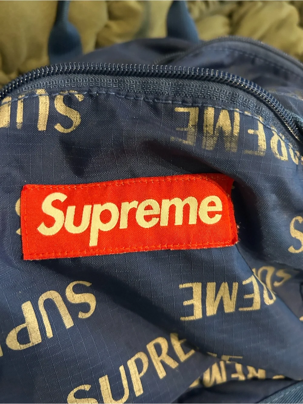 Supreme Navy All-Over Logo Backpack with Red Patch